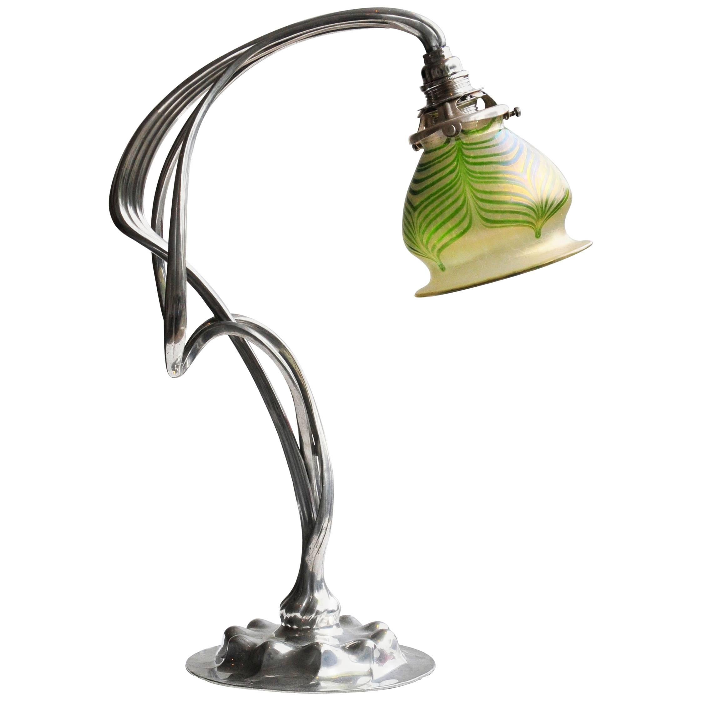 Art Nouveau Pewter Lamp by Orivit with Loetz Glass Shade For Sale