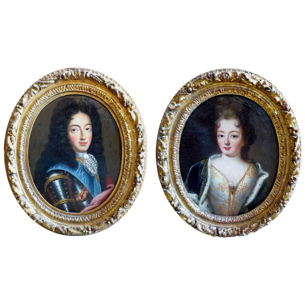Portraits of Philippe D'Orleans and His Wife, Oil on Canvas, Louis XIV Period