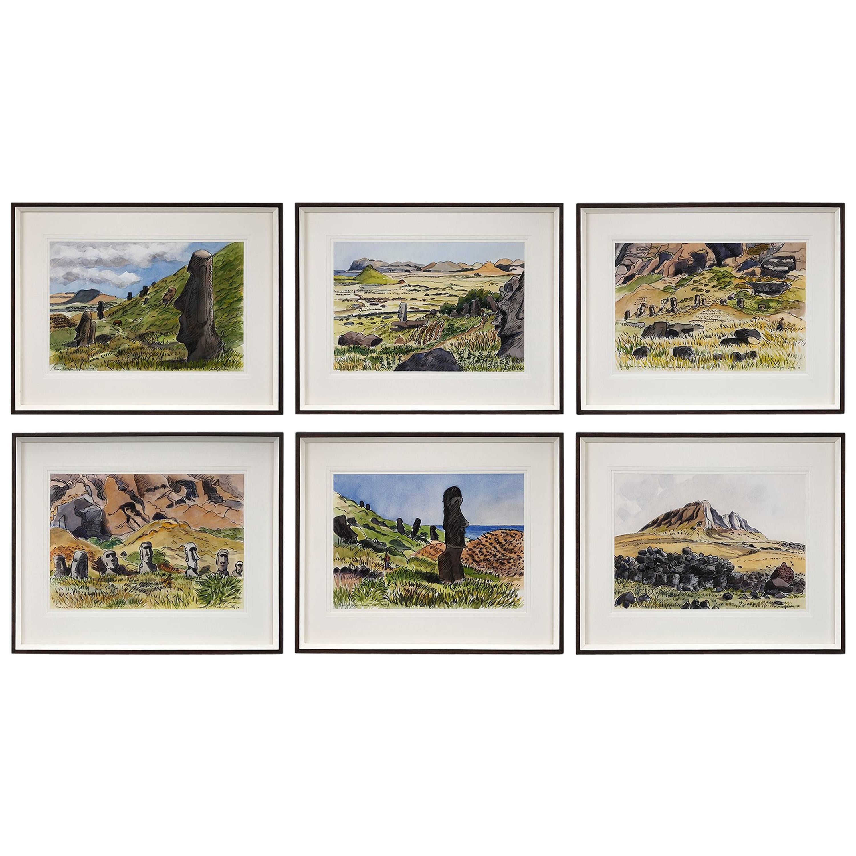 Set of Six Watercolors of Easter Island For Sale