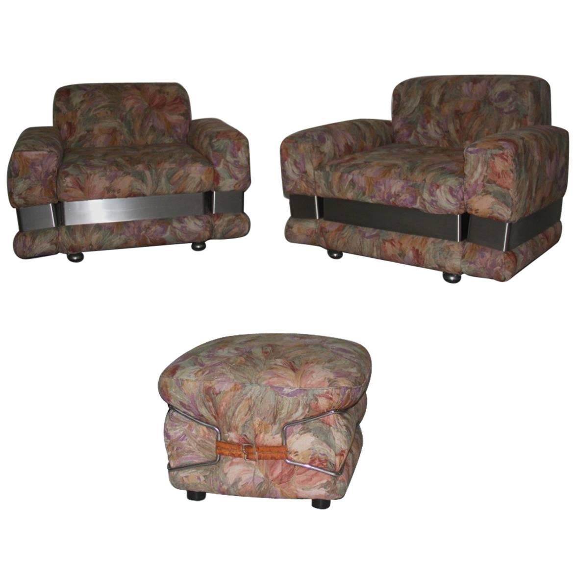 1970 Chic and Very Stylish Naif Armchairs with Ottoman Pop Art Flowers  For Sale