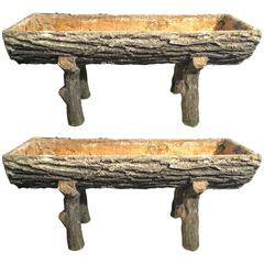 Pair of Authentic 1930s French Faux Bois Split-Log Planters on Legs