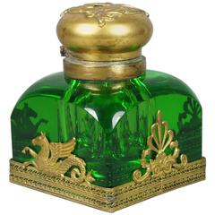19th Century French Second Empire Inkwell Green Crystal Glass Hippocampus Ormolu 5