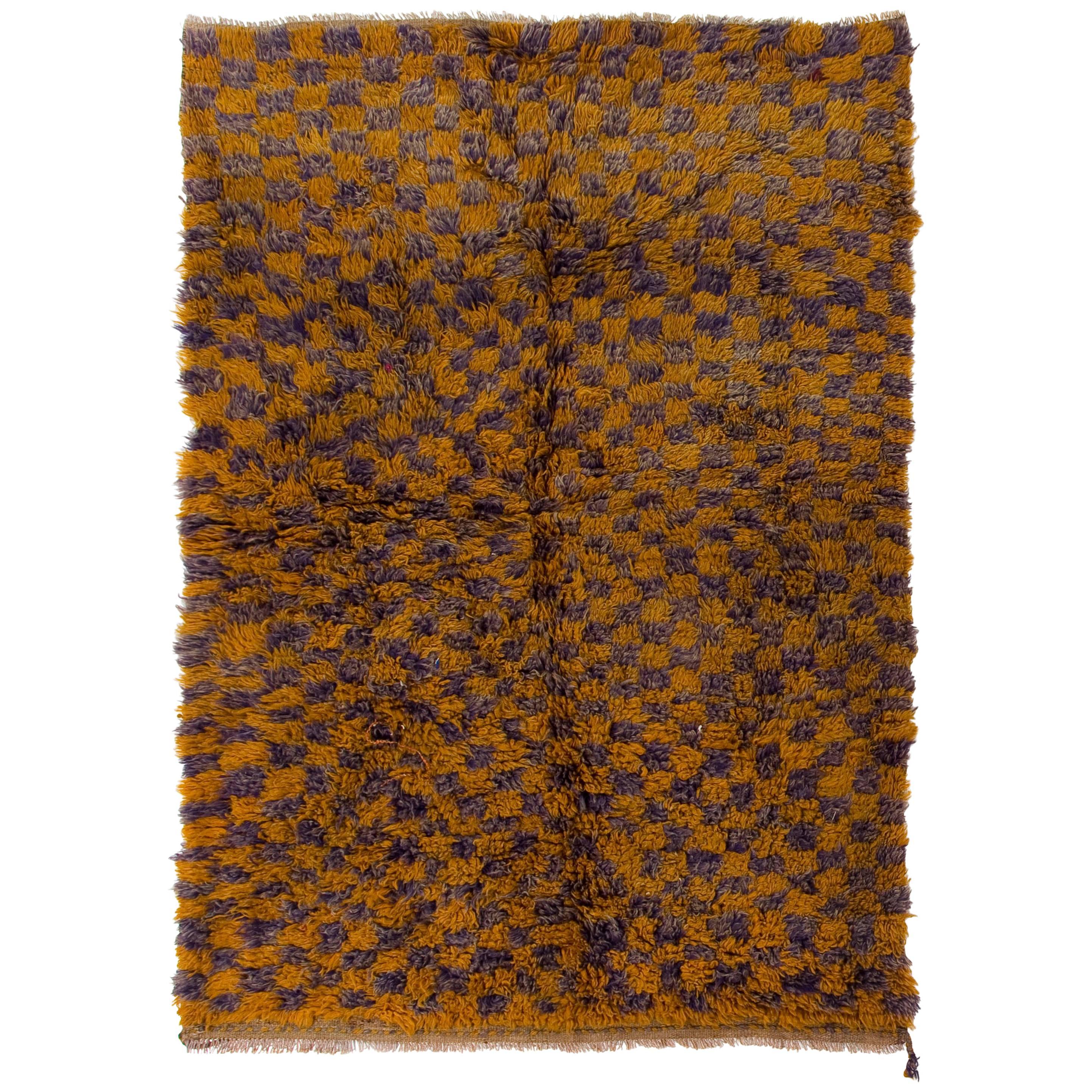 Checkered Midcentury "Tulu" Rug in Yellow and Lilac Colors