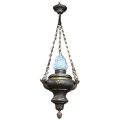 Vintage 19th Century Oil French Brass Lantern Chandelier with Cherubs and Angels.
