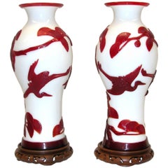 Pair of Peking Chinese Glass Urns in Red and White Colors with Birds in Flight