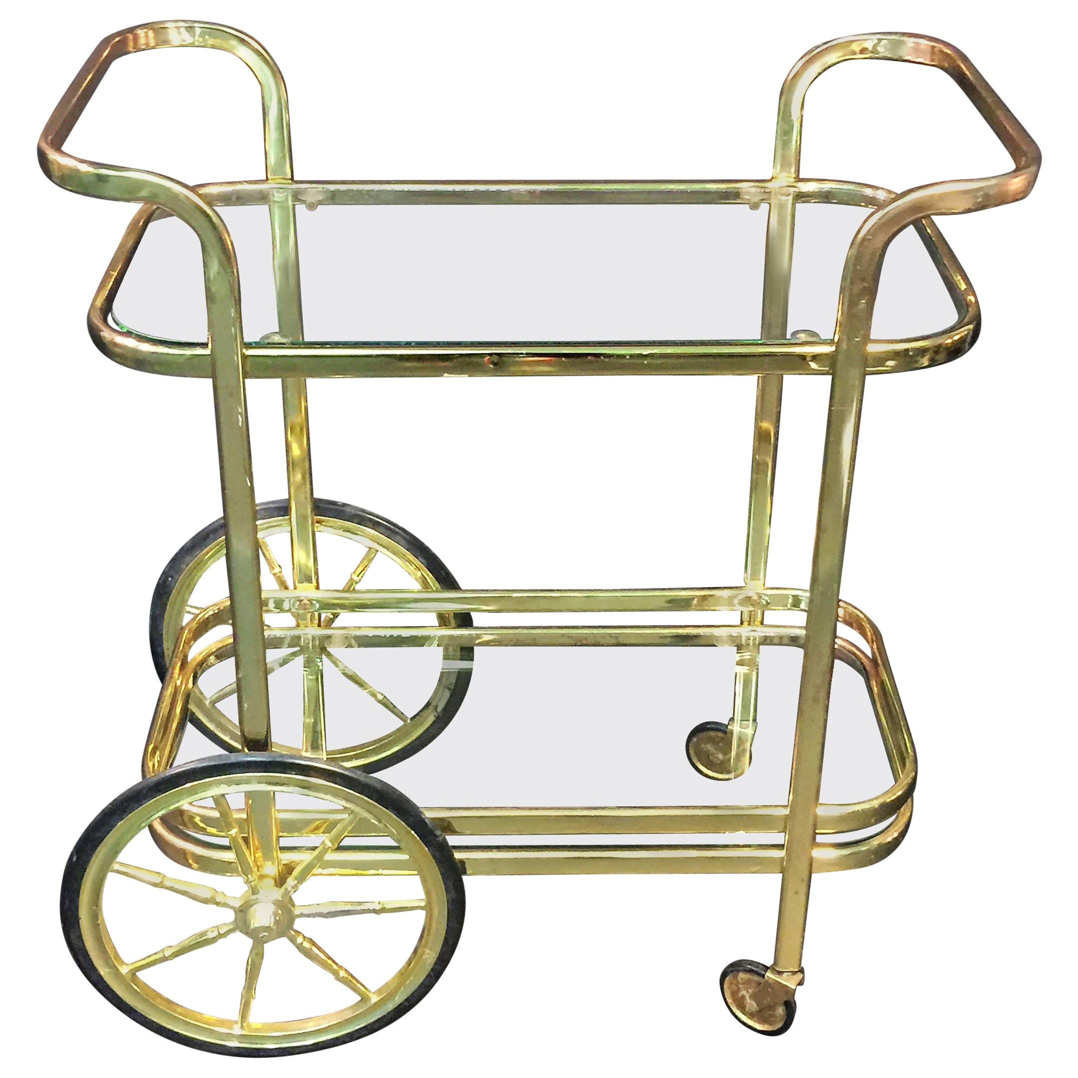 Modern Brass Tone Milo Baughman Style Bar Cart For Sale