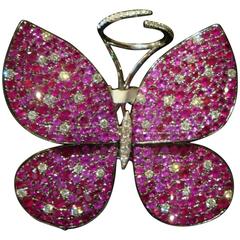 Rare 18-Karat, 20-Carat Ruby Pink Sapphire Diamond Fluttering Butterfly Ring