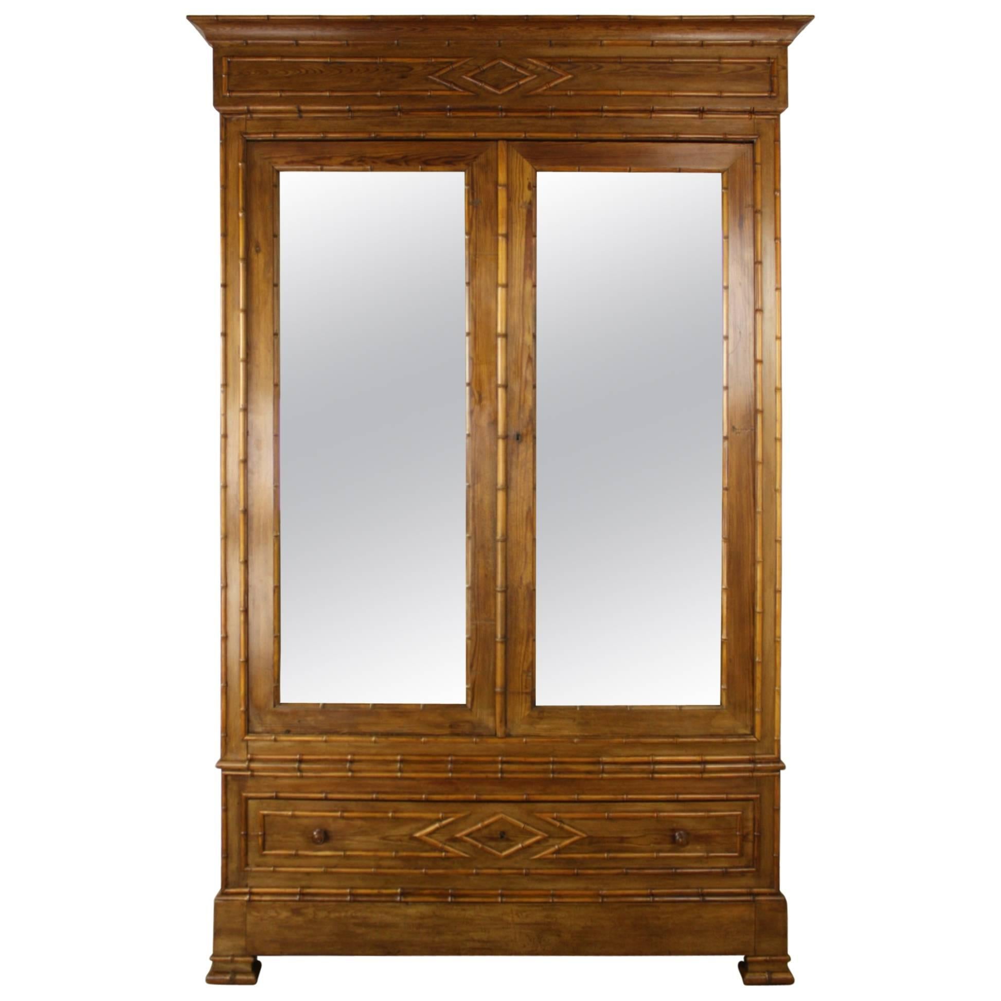 Antique English Faux Bamboo Armoire with Mirrored Doors