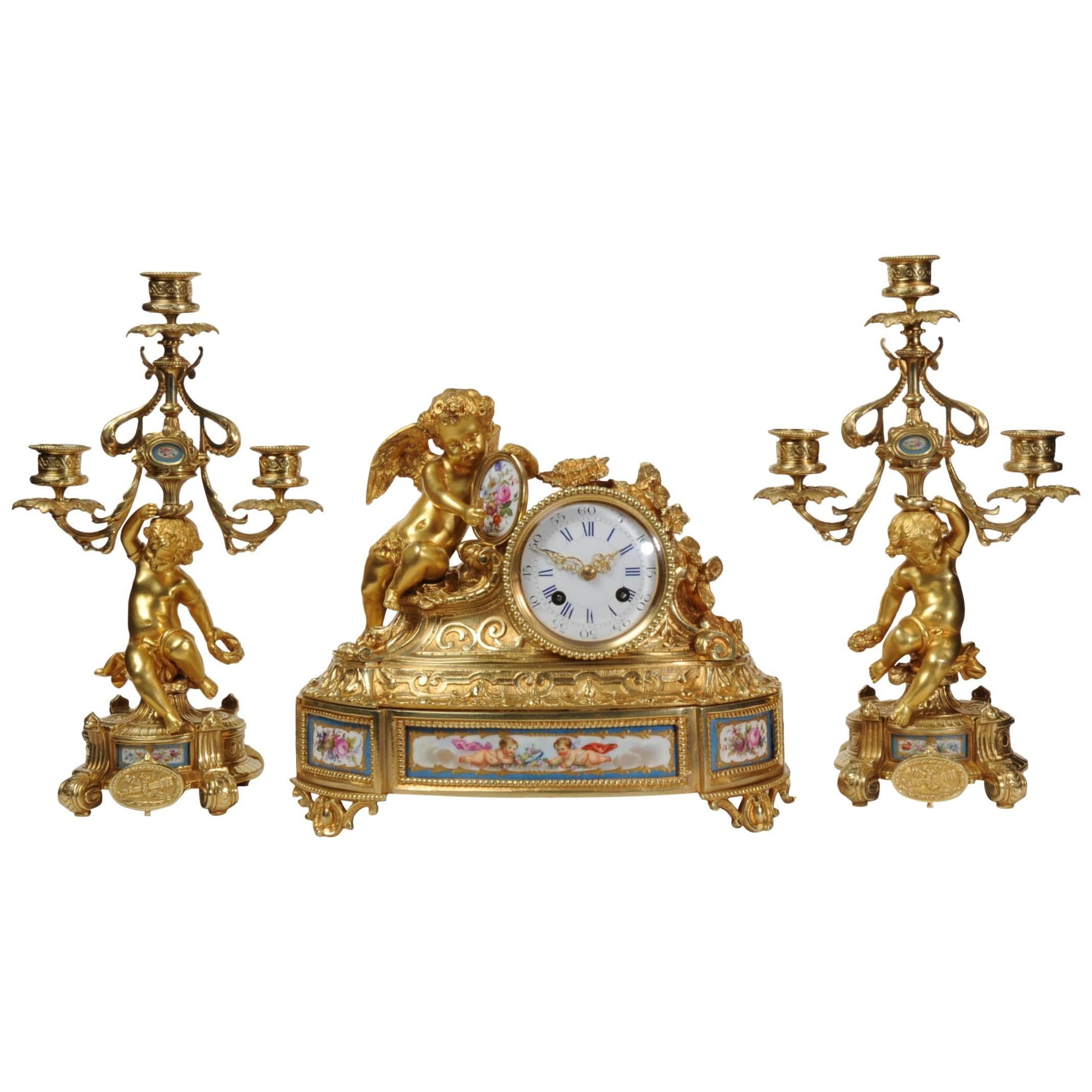 Japy Frères Early Ormolu and Sèvres Porcelain Clock Set