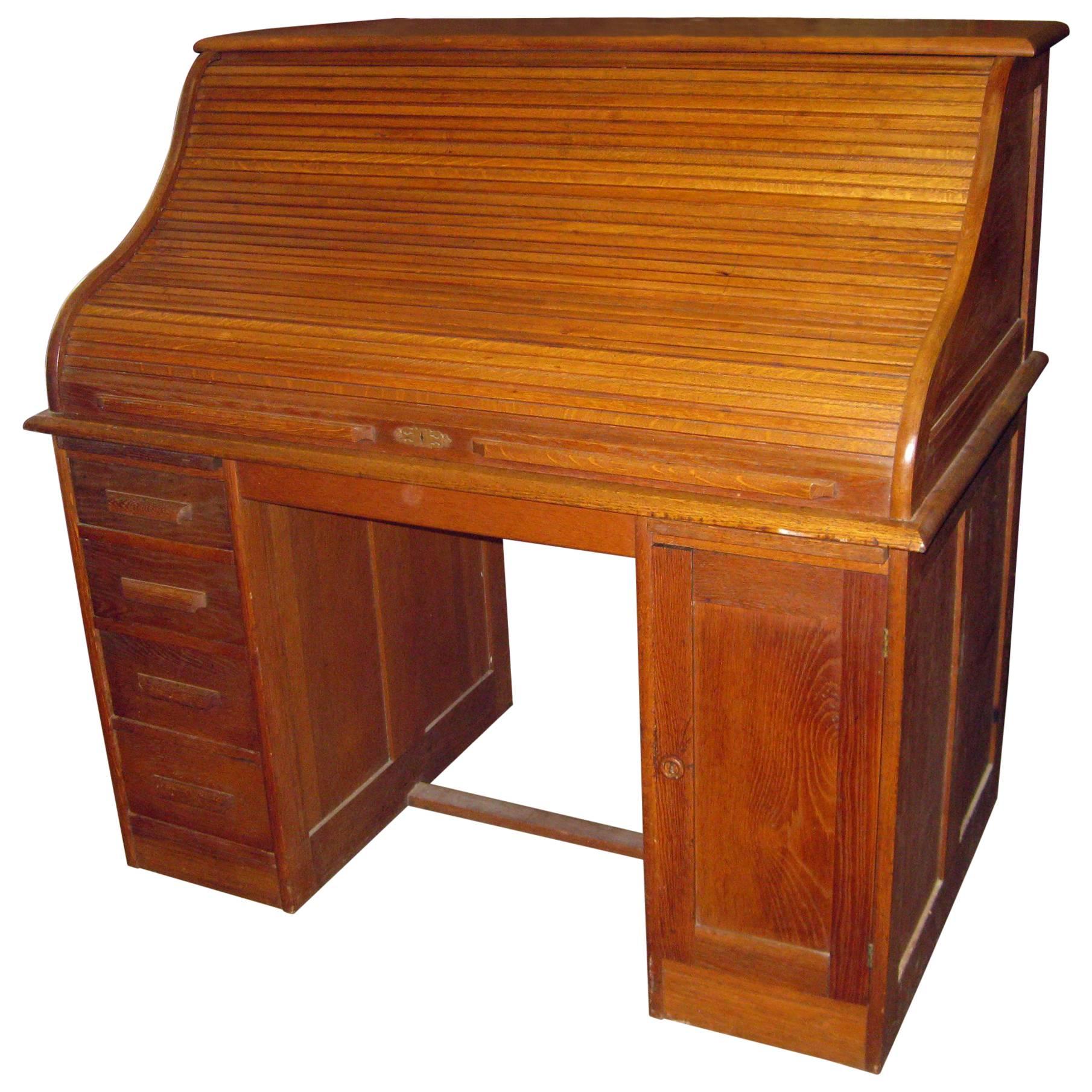 19th Century American Oak Roll Top Desk