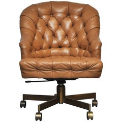 Dunbar Tufted Leather Desk Chair on Bronze Base by Edward Wormley