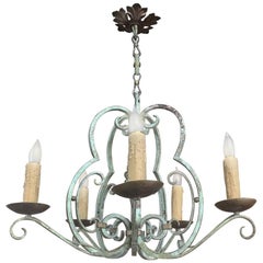 Antique Country French Painted Hand Forged Wrought Iron Chandelier