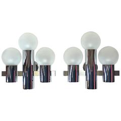 Pair of Satin Globe Glass Chrome Brass Italian Sconces, Gaetano Sciolari, 1970s