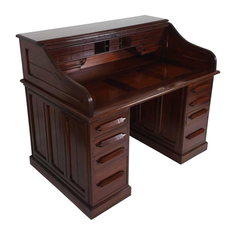 19th Century Unusual Indian Arts And Crafts Teak Roll Top Desk At