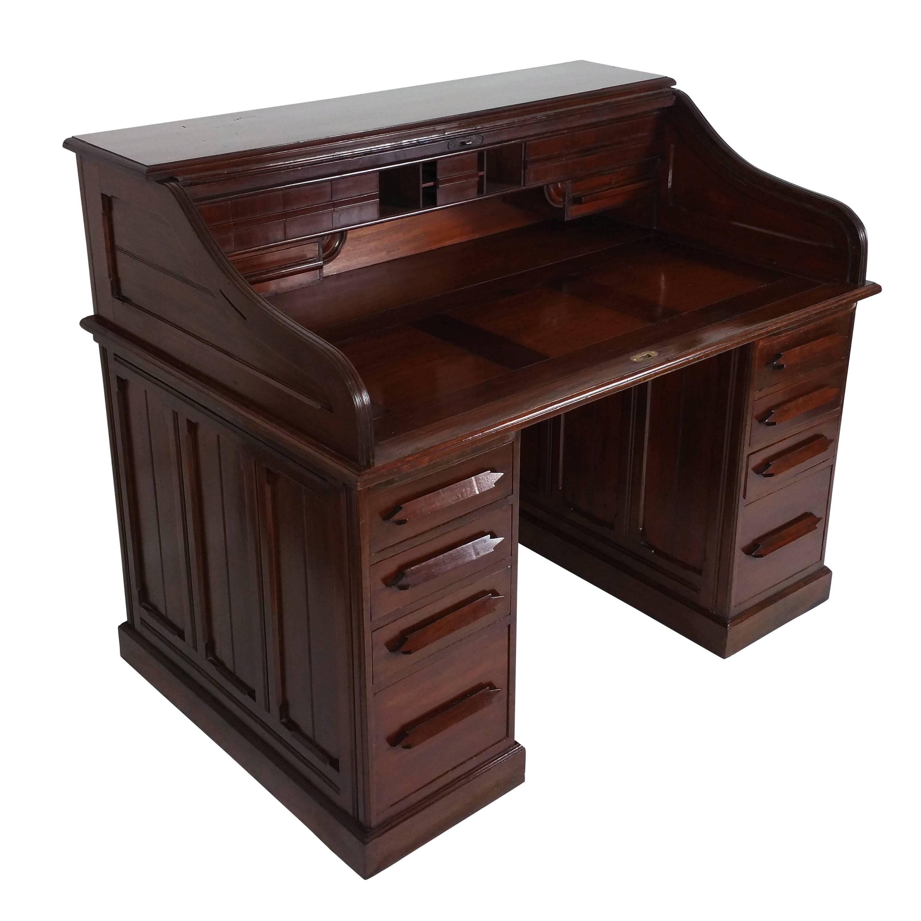 19th Century Unusual Indian Arts & Crafts Teak Roll Top Desk