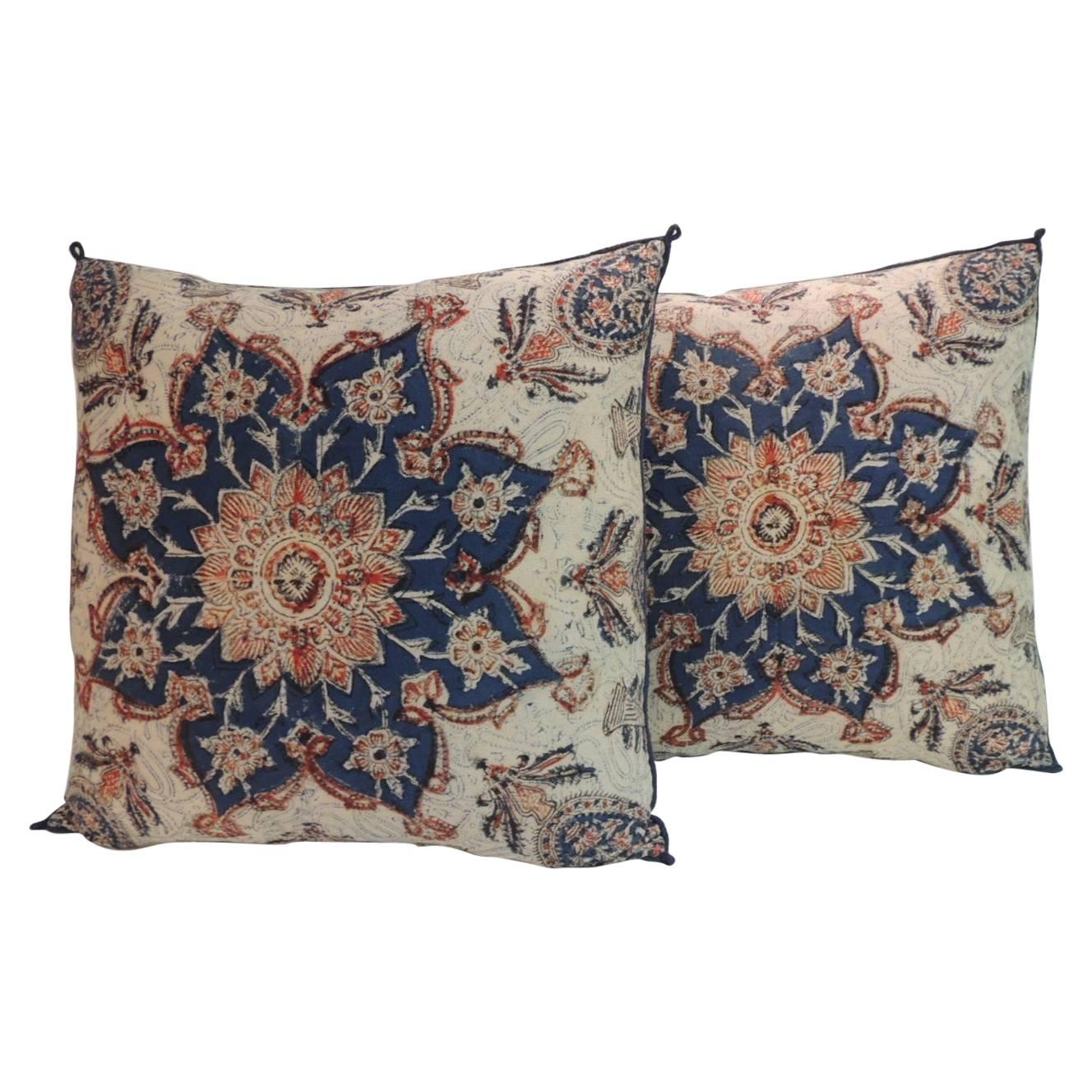 Pair of 19th Century Indian Hand-Blocked Floral Decorative Pillows