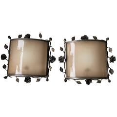 Large Pair of Floral Designed Wrought Iron Art Nouveau Wall Sconces Glass Shades