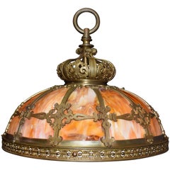 Antique Chandelier, Slag Glass Hanging Lamp