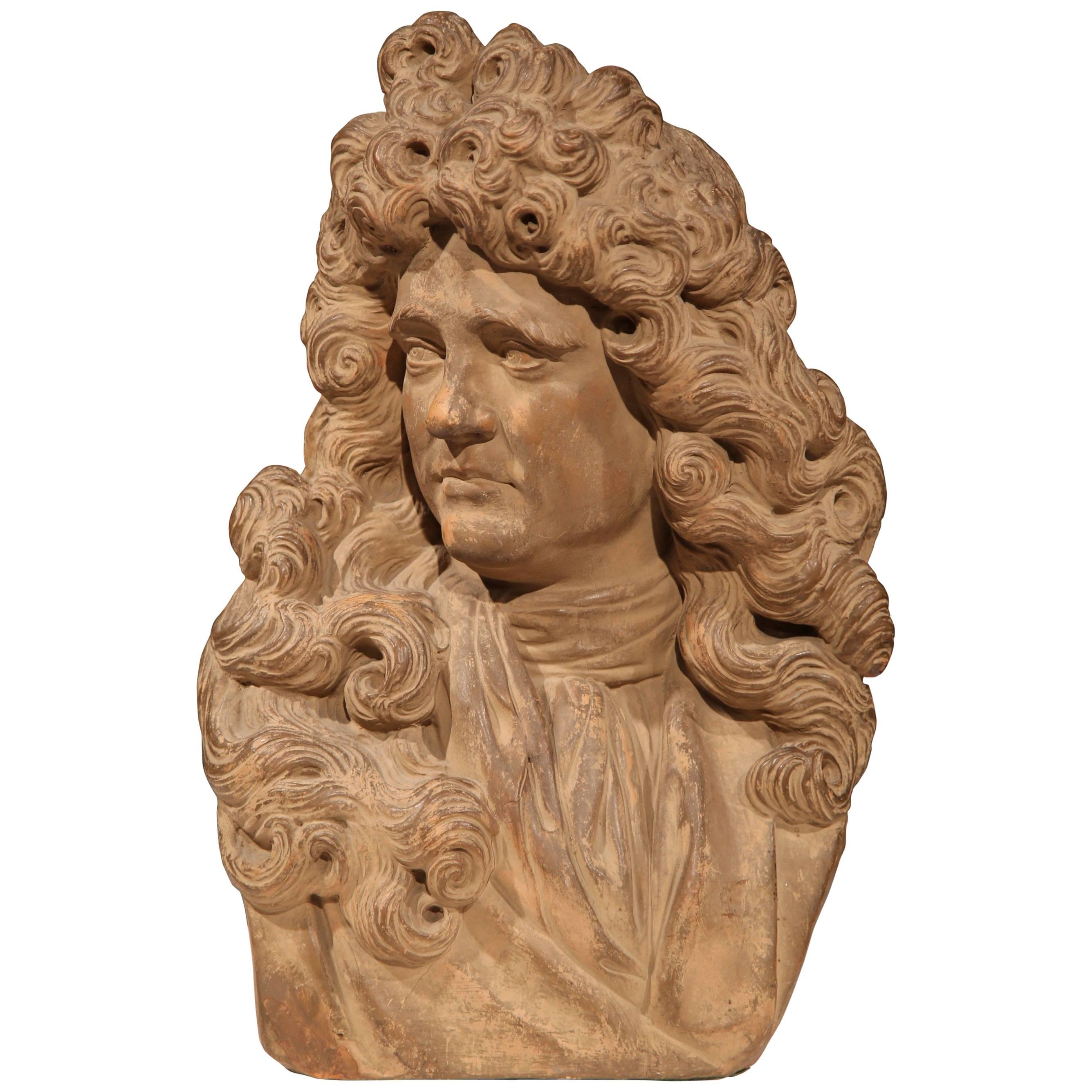 Early 20th Century Carved Patinated Terracotta Bust of French Writer Moliere