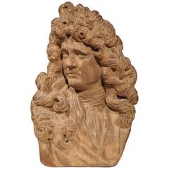 Antique Early 20th Century Carved Patinated Terracotta Bust of French Writer Moliere