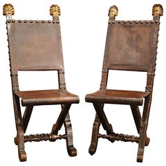 Pair of Early 19th Century Spanish Walnut Folding Chairs with Original Leather