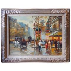 Antique Rare Important Estate French Paris Street Scene Rambert Painting, circa 1940s