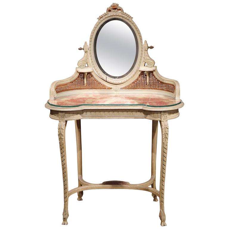 19th Century French Louis XVI Carved and Painted Vanity Coiffeuse with Cane  at 1stDibs