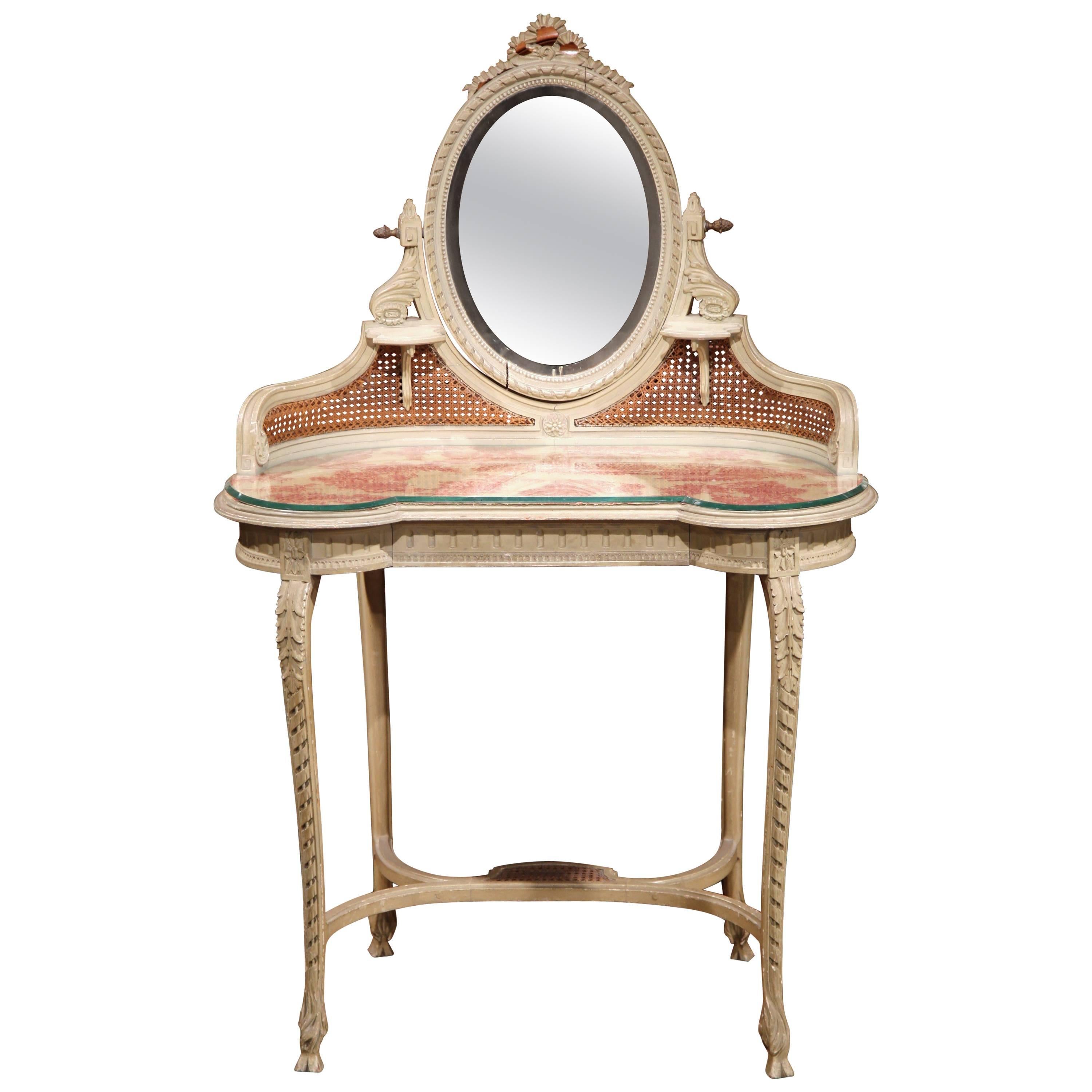 19th Century French Louis XVI Carved and Painted Vanity Coiffeuse with Cane