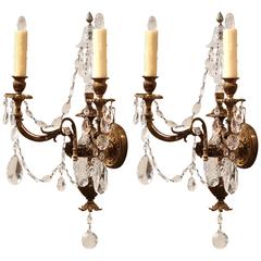 Pair of 19th Century French Louis XVI Bronze and Cut-Glass Two-Light Sconces 9
