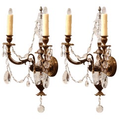 Pair of 19th Century French Louis XVI Bronze and Cut-Glass Two-Light Sconces