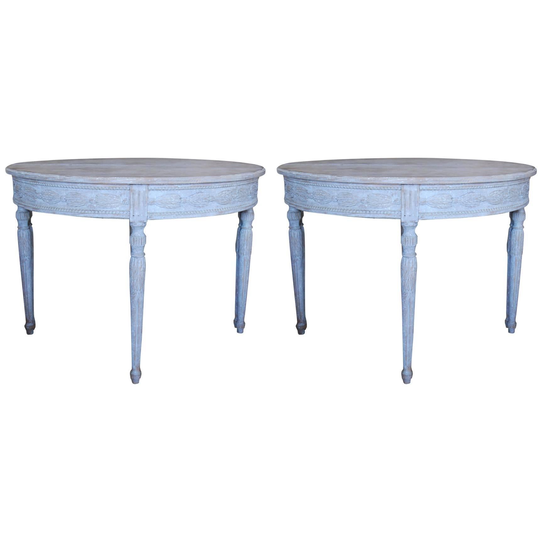 Pair of Swedish Carved Demilune Tables For Sale