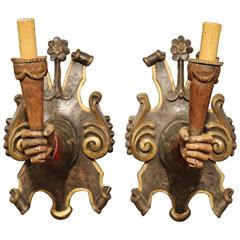 Pair of Early 20th Century Spanish Hand-Carved and Painted Wall Sconces