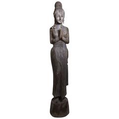 Antique Carved Wood Old Quan Yin Statue