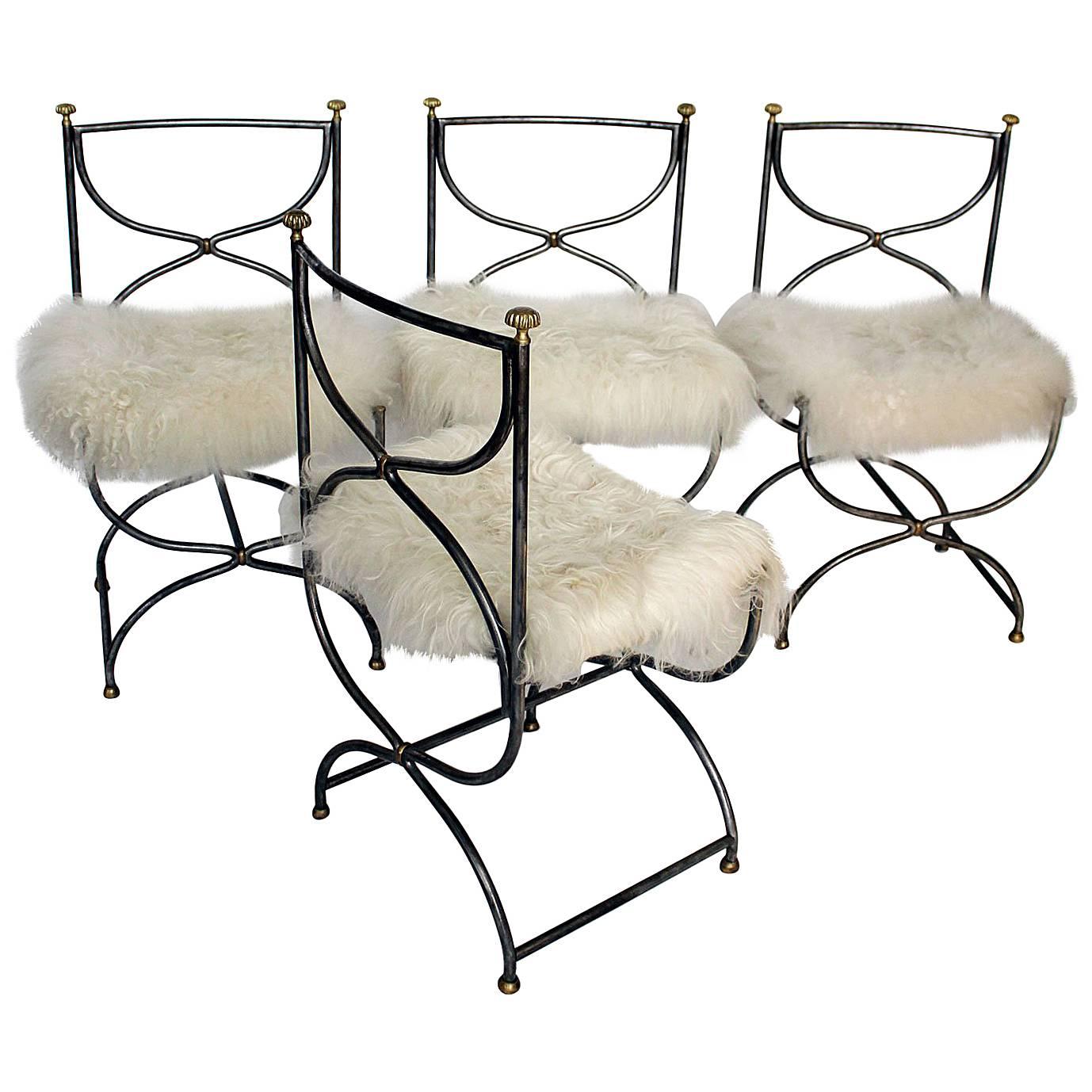 Maison Jansen Style Set of Four Steel Chairs with Sheepskin Cushions, 1960s For Sale