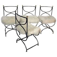 Maison Jansen Set of Four Steel Chairs with Sheepskin Cushions, circa 1960s 4