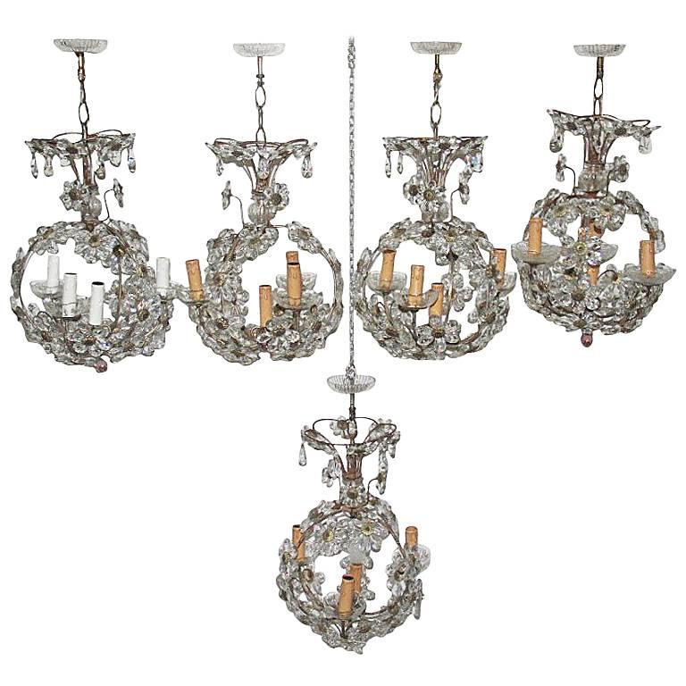 Round Lantern Chandeliers French 1950s Mid-Century Crystal Maison Jansen Style For Sale