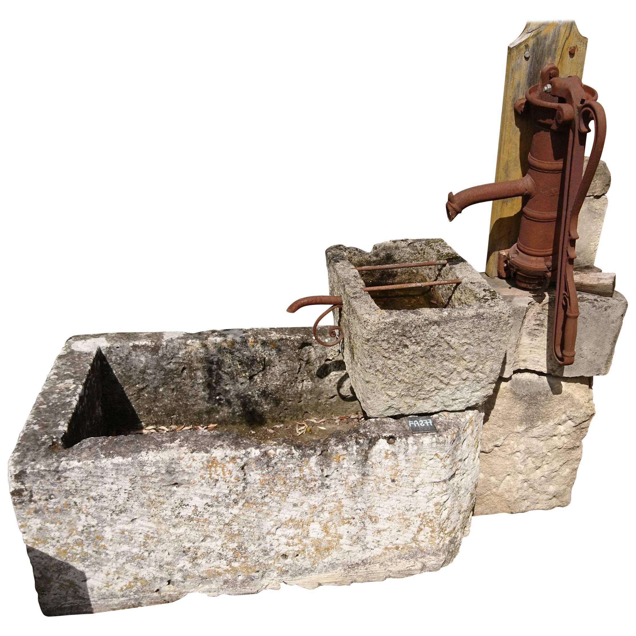 Antique Stone Fountain with Two Monolithic Basins, Column and Manual Water Pump For Sale