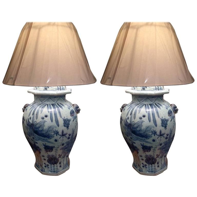 Pair Of Blue And White Porcelain Chinese Temple Jar Lamps At 1stdibs Large Pair Of Chinese Blue And White Ginger Jar Lamps