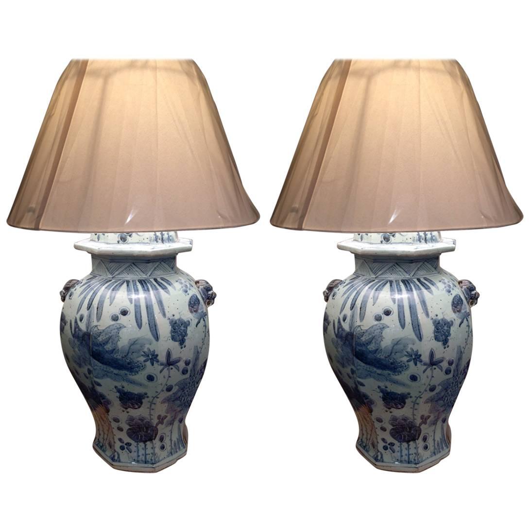 Large Pair of Chinese Blue and White Ginger Jar Lamps For Sale