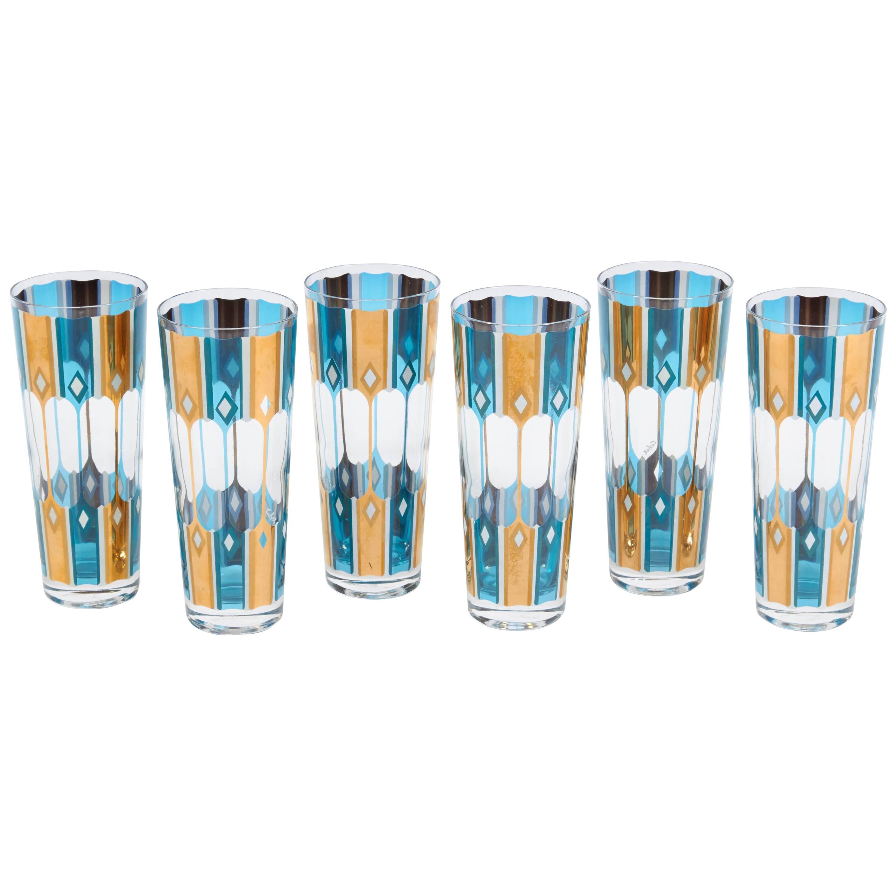 Tapered Collins Glasses in Turquoise Blue with White & 24-Karat Gold by Culver For Sale