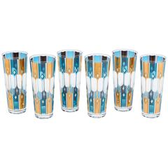 Tapered Collins Glasses in Turquoise Blue with White & 24-Karat Gold by Culver