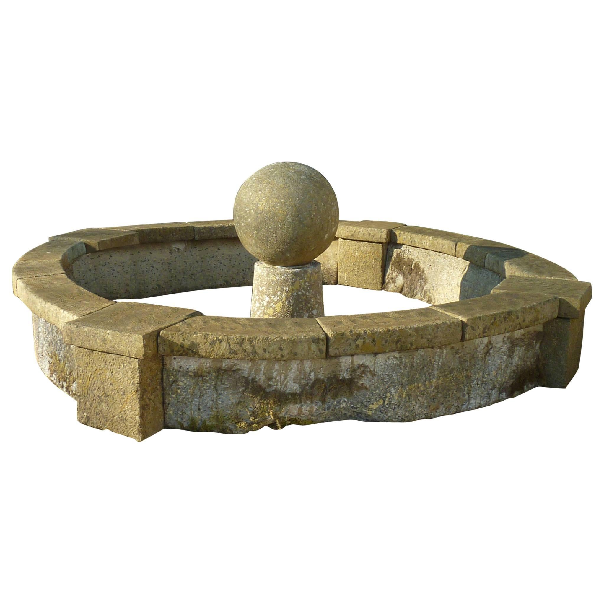 Antique Limestone Oval Basin with Thick Copings and Large Central Ball, Provence