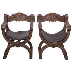 Antique Pair of Navarro Argundo Leather and Wood Frame Chairs