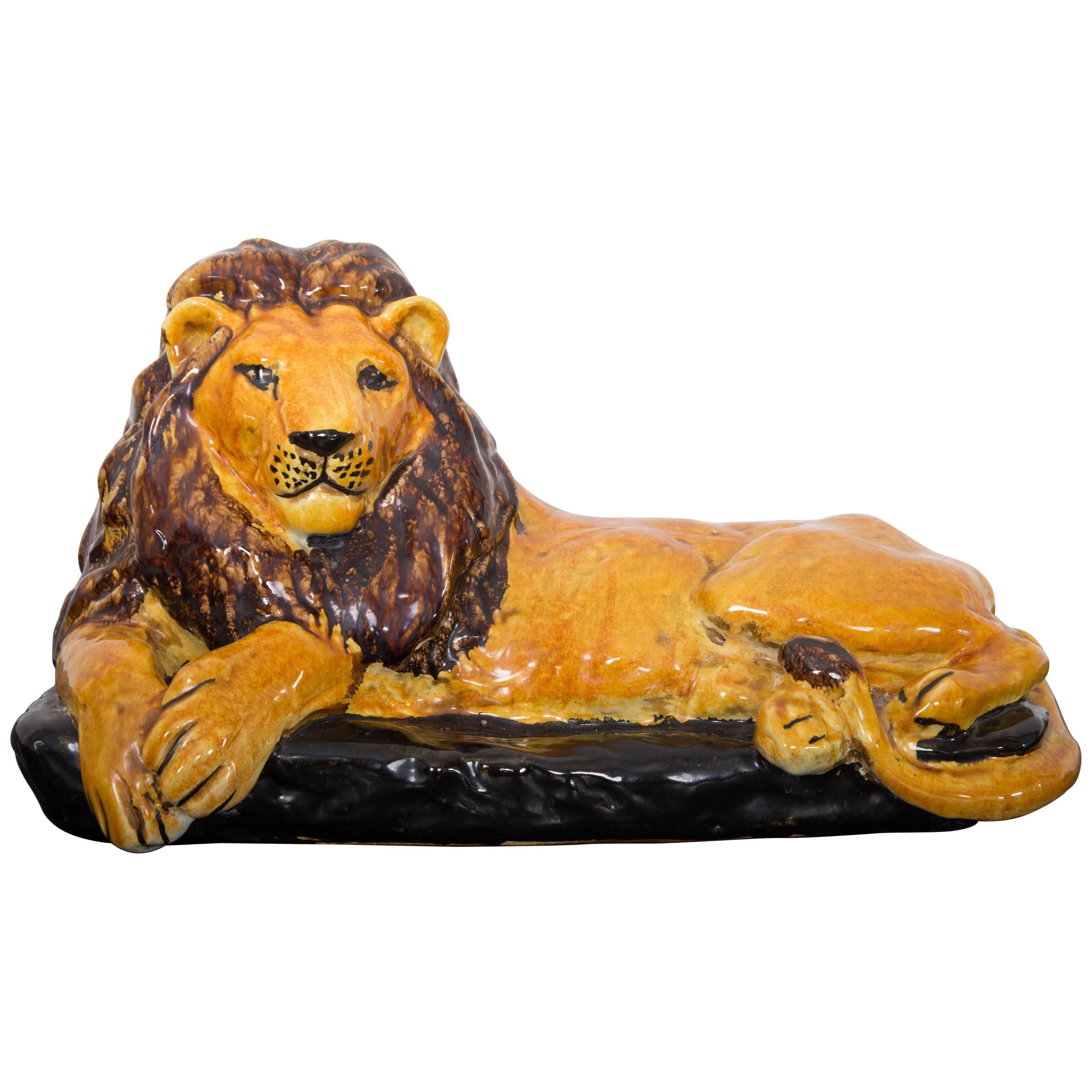 Mid-Century Italian Glazed Terracotta Lion For Sale