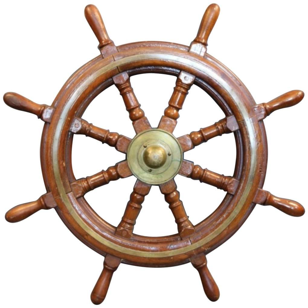 Mahogany Ship's Wheel with Brass Hub For Sale