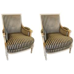 Pair of Louis XVI Style Maison Jansen Upholstered Bergere Chairs