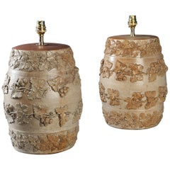 Pair of Victorian Stoneware Gin Barrels as Table Lamps with Trailing Vines