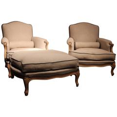 Antique Early 20th Century Louis XV Style Armchairs and Ottoman, circa 1930