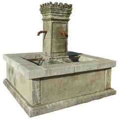 Square-Shaped Garden Fountain in Limestone with Hand-Sculpted Central Column