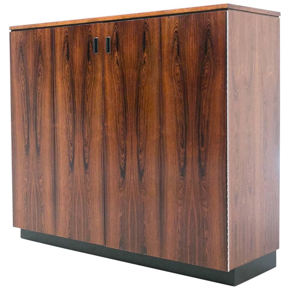 Harvey Probber Tall Walnut Cabinet Dresser Chest with Black Shelves For Sale